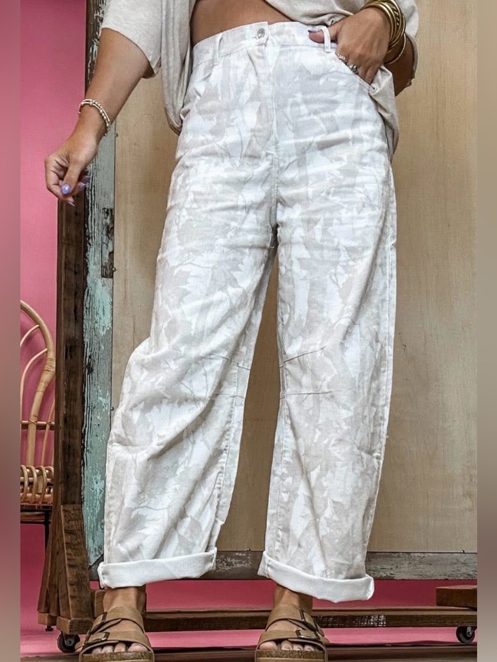 Peach Love California Cream & Brown Leaf Camo Pants. Never Worn